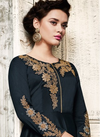 Embroidered Art Dupion Silk Black Salwar Suit