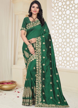 Embroidered Art Silk Designer Traditional Saree in Green
