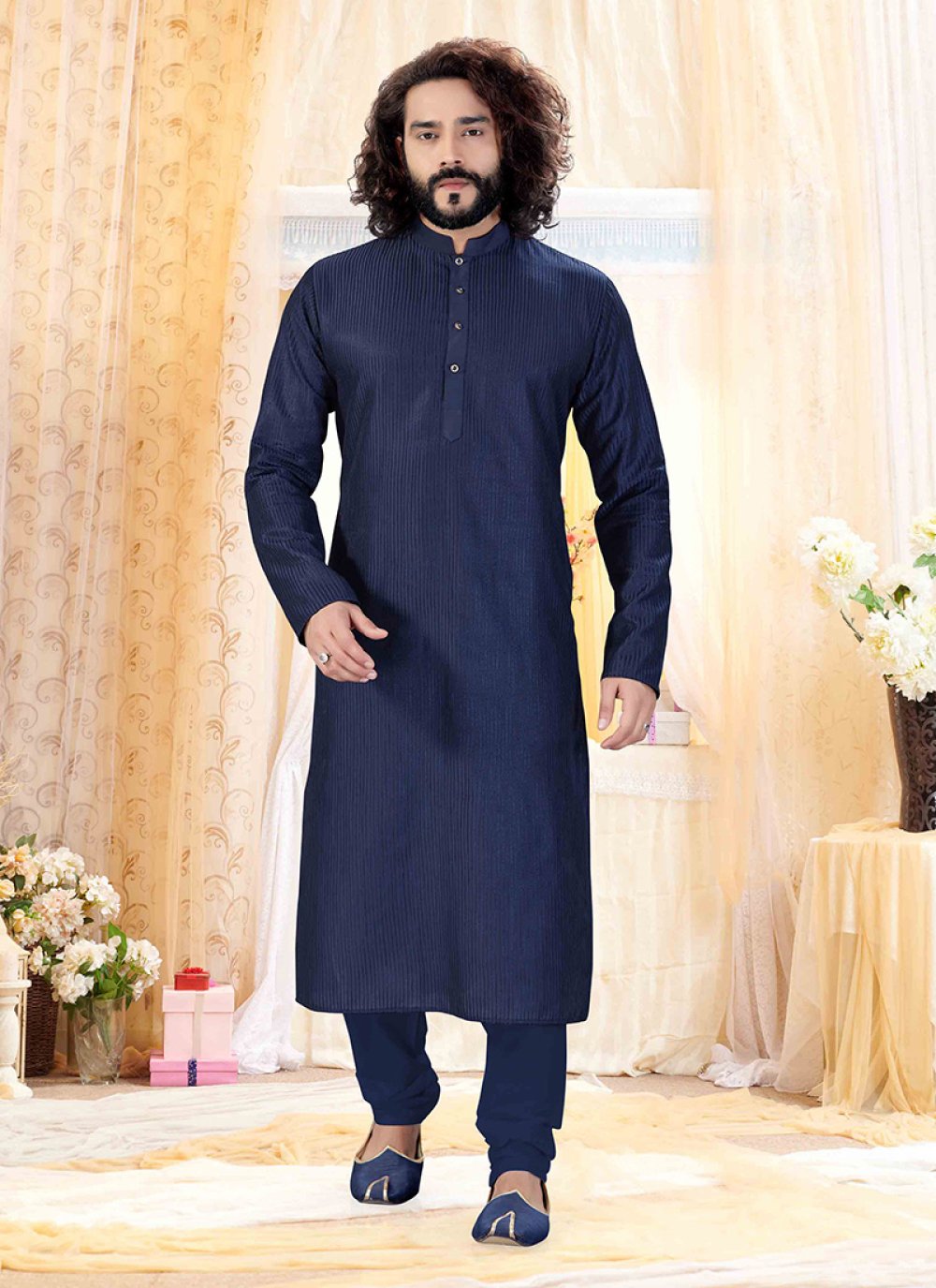 Buy Embroidered Art Silk Kurta Payjama With Jacket in Navy Blue - Main Image
