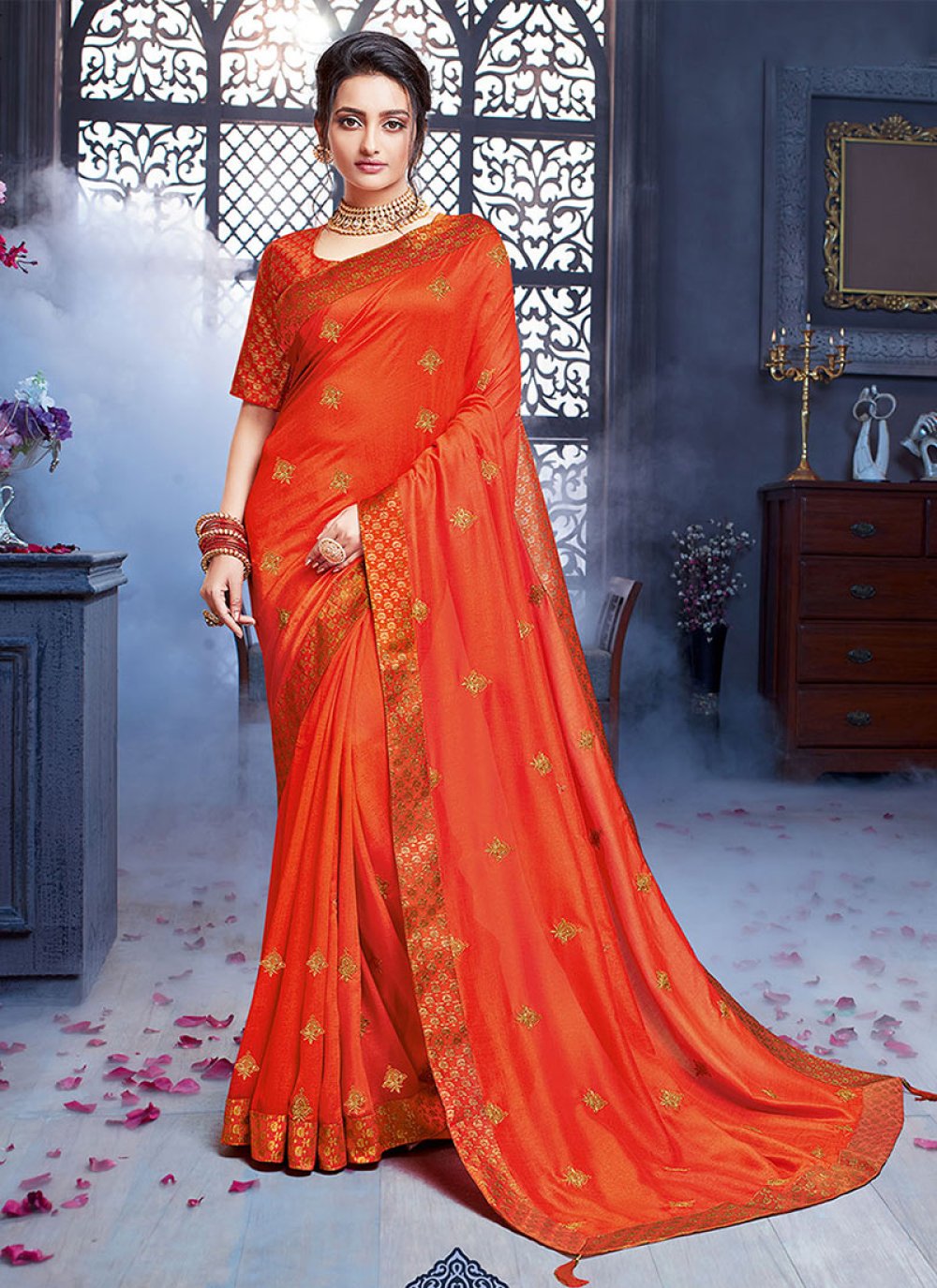 Buy Embroidered Art Silk Orange Classic Designer Saree