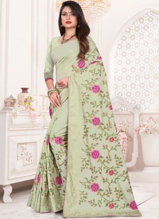 Embroidered Art Silk Traditional Designer Saree in Green