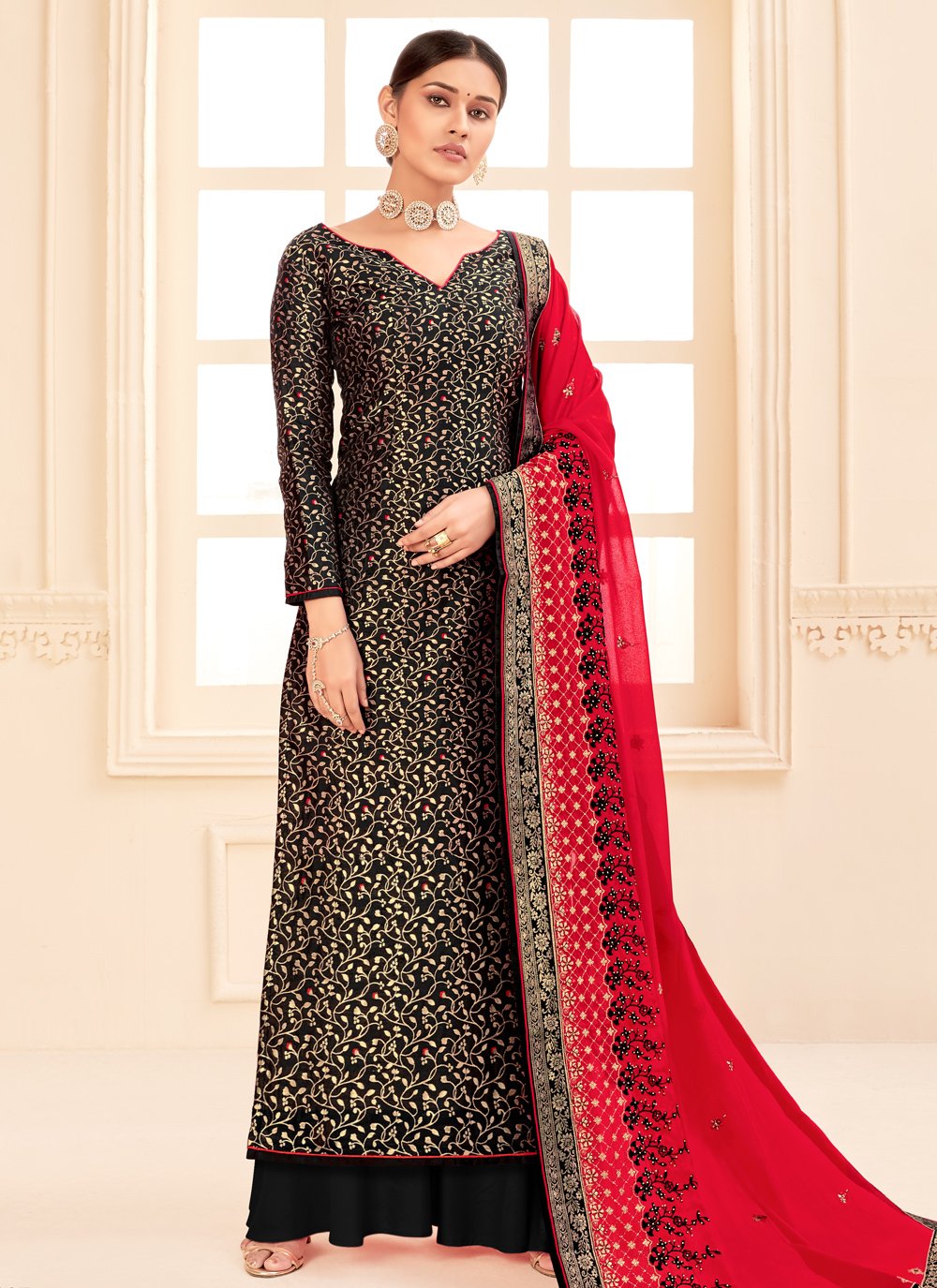 Buy Embroidered Banarasi Silk Designer Salwar Suit in Black : 169497 -