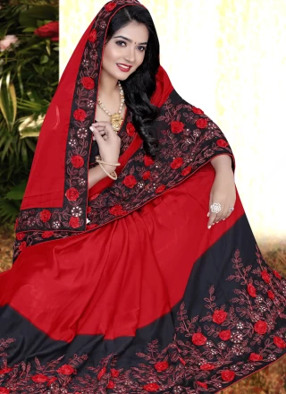 Embroidered Black and Red Silk Classic Saree
