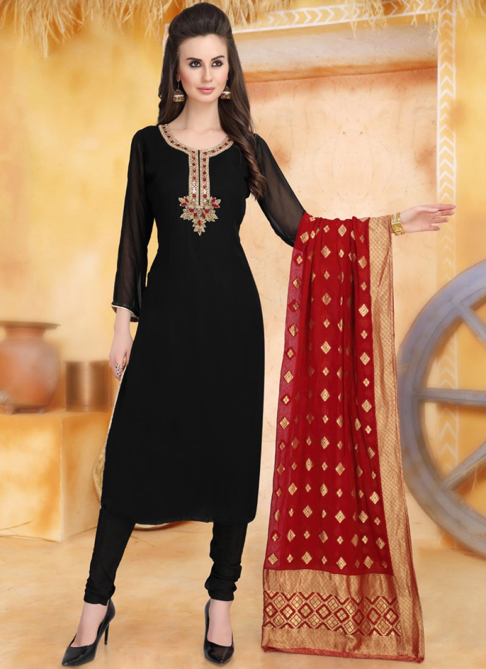 Buy new latest red flower black georgette salwar suit dress material at  Amazon.in