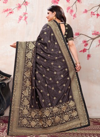 Embroidered Black Silk Traditional Saree