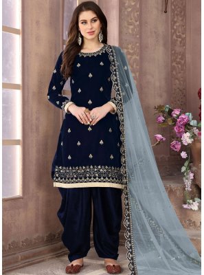 Embroidered Blue Velvet Patiala Salwar Suit