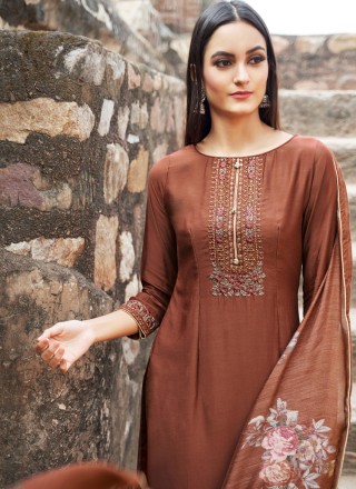 Embroidered Brown and Maroon Muslin Designer Palazzo Salwar Suit