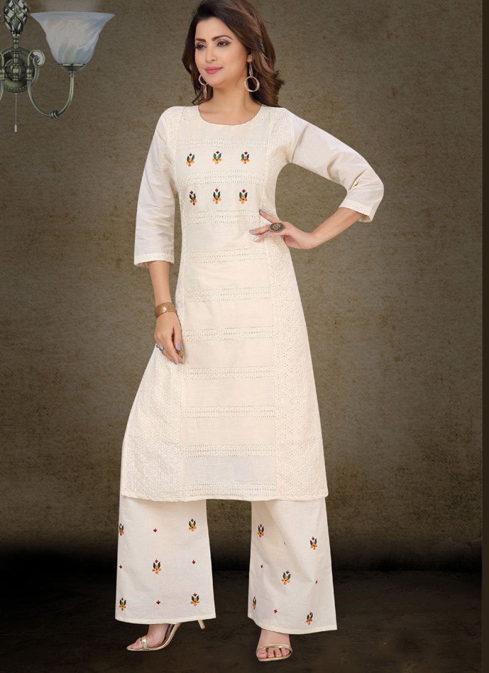 Salwar Kameez White Cotton Palazzo Suit Buy Off-White Embroidered