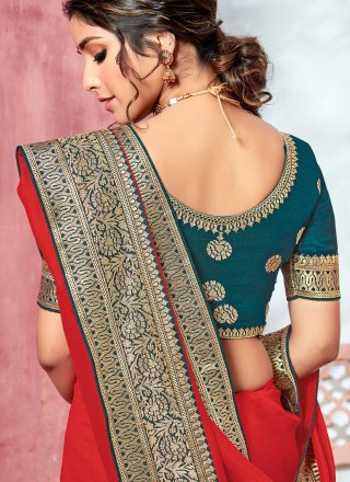 Embroidered Fancy Fabric Red Designer Saree