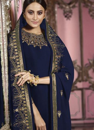 Embroidered Faux Georgette Churidar Salwar Suit in Navy Blue