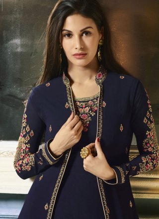 Embroidered Faux Georgette Designer Salwar Suit in Blue