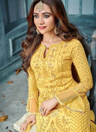 Embroidered Faux Georgette Yellow Designer Salwar Kameez