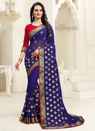 Embroidered Georgette Navy Blue Classic Saree