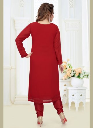 Embroidered Georgette Red Designer Salwar Suit