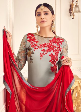 Embroidered Georgette Salwar Suit in Grey