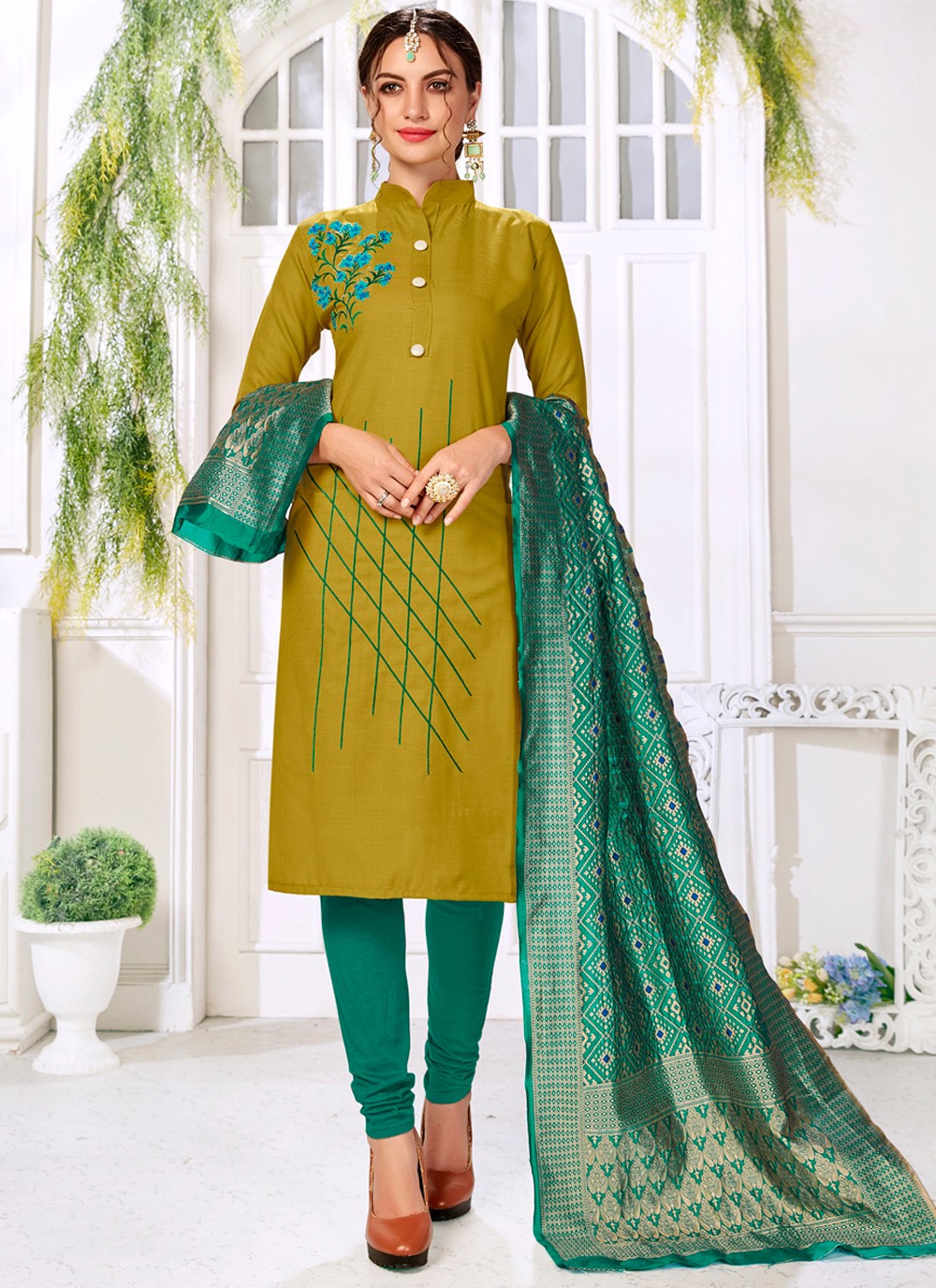 Embroidered Green Cotton Trendy Salwar Suit