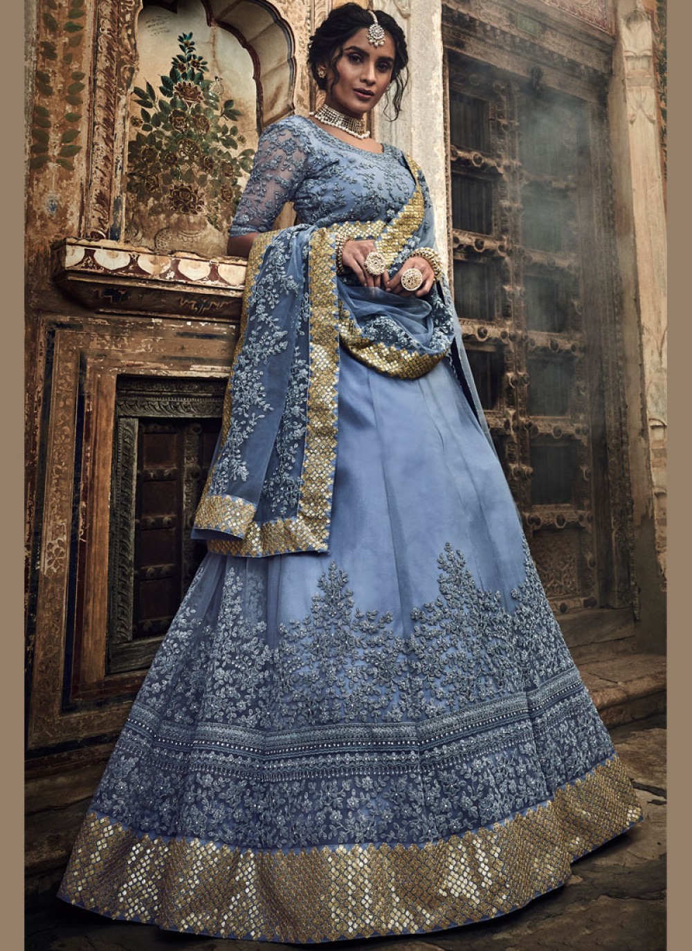 embroidered grey net designer lehenga choli 143537