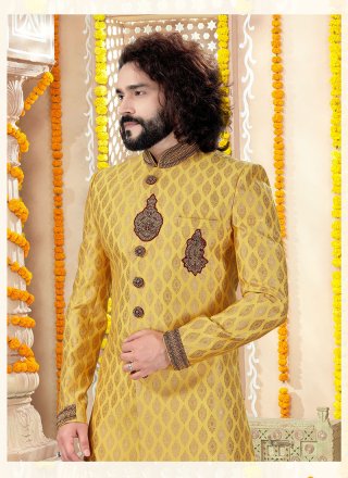 Embroidered Jacquard Sherwani in Yellow
