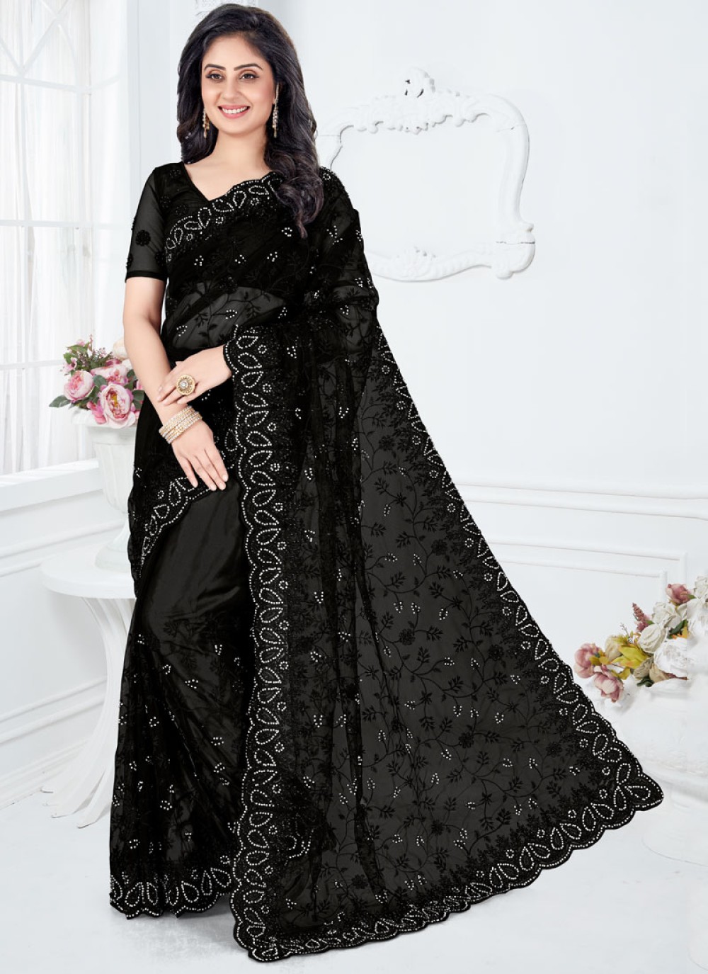 Embroidered Net Designer Saree in Black