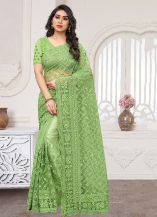 Embroidered Net Green Designer Saree