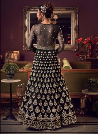 Embroidered Net Trendy Long Length Anarkali Suit in Black