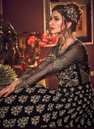 Embroidered Net Trendy Long Length Anarkali Suit in Black