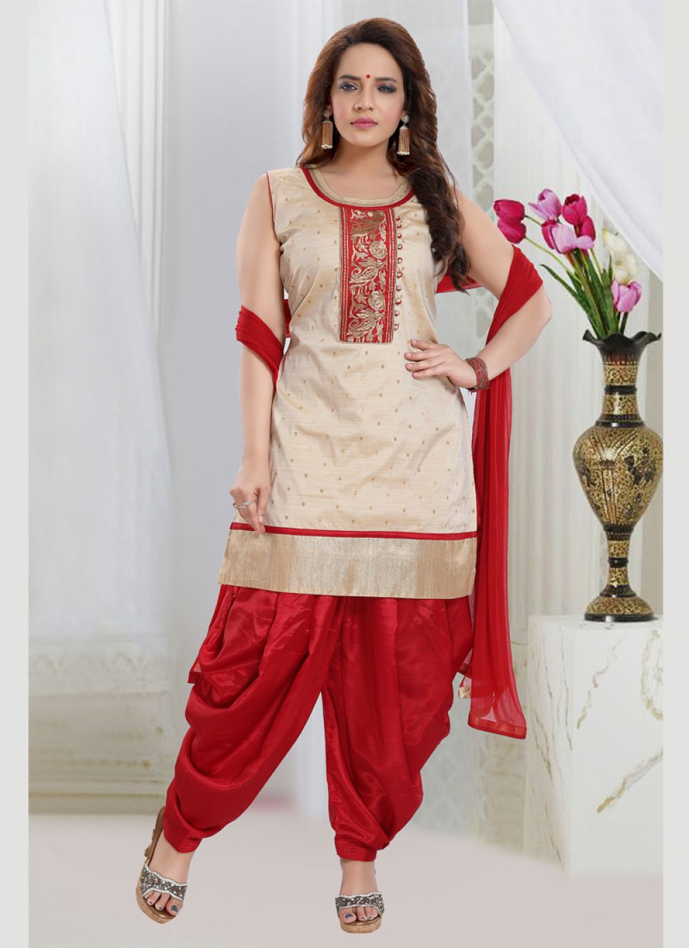 Embroidered Off White Readymade Salwar Suit 