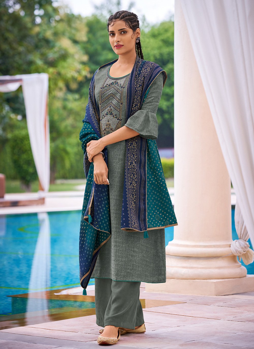 Preferable Embroidered Beige Net Designer Pakistani Salwar Suit -