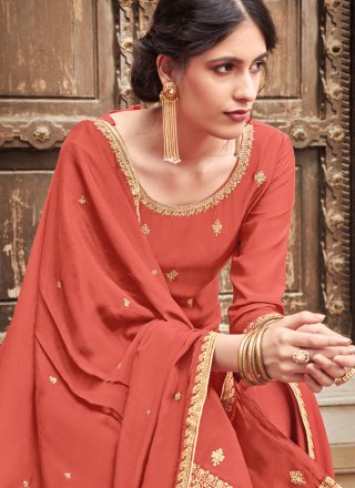Embroidered Peach Silk Palazzo Salwar Suit