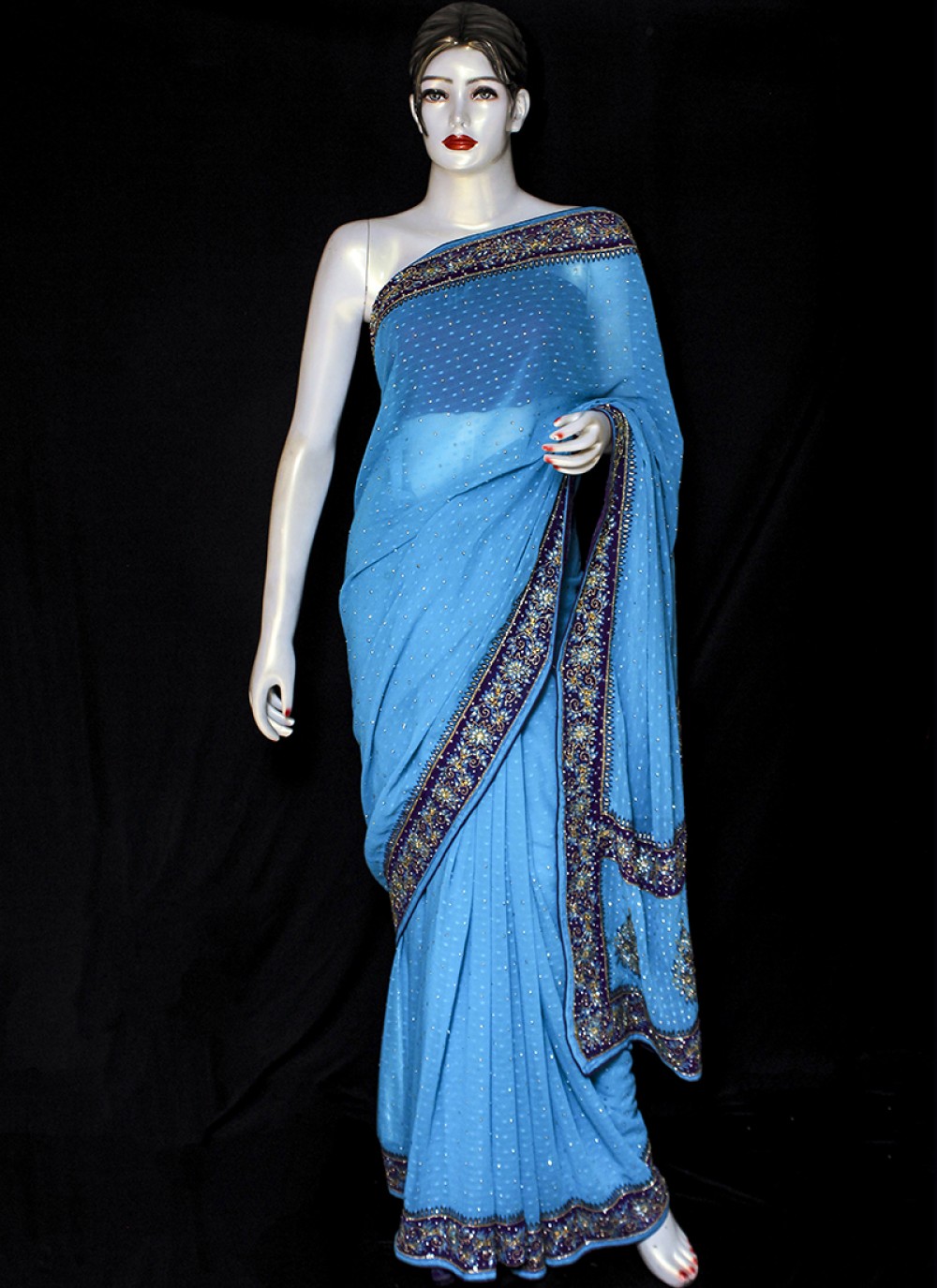 Embroidered Pure Chiffon Blue Designer Saree