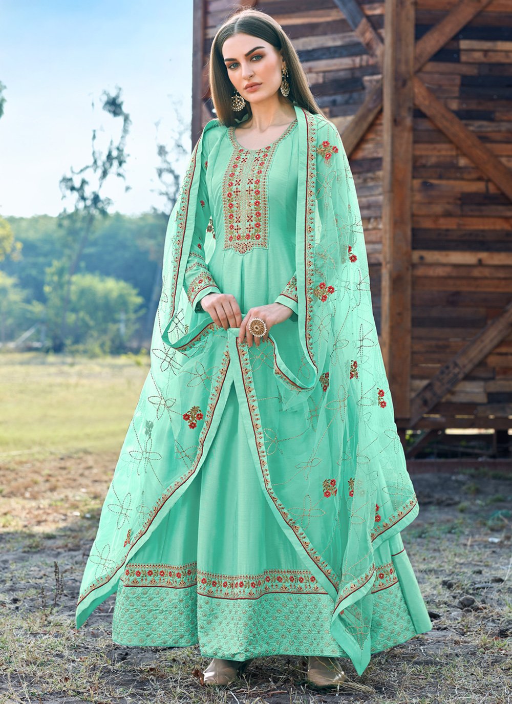 Embroidered Silk Long Length Salwar Suit
