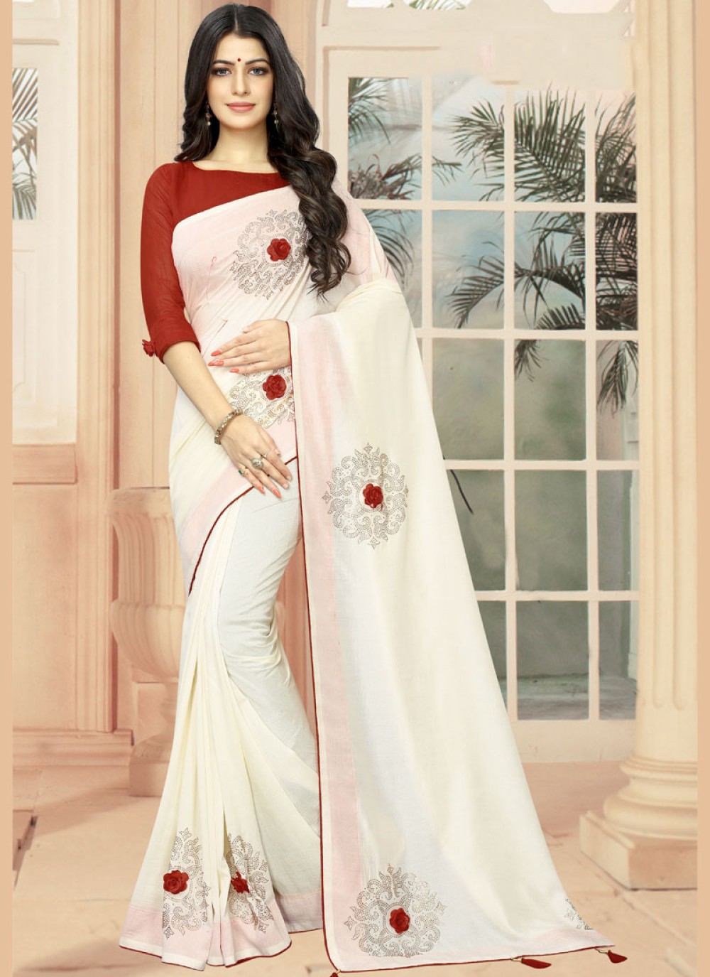 Embroidered Silk Off White Designer Saree :