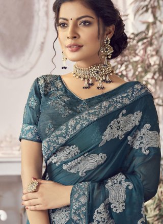 Embroidered Teal Faux Chiffon Traditional Saree