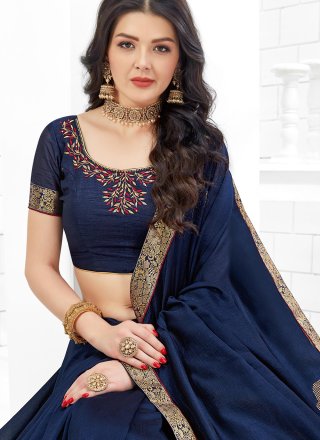 Fancy Fabric Embroidered Navy Blue Classic Saree