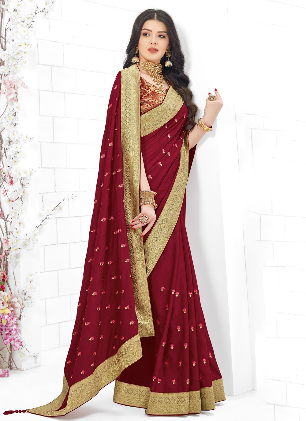 Shop Fancy Fabric Maroon Embroidered Designer Saree Online 166066