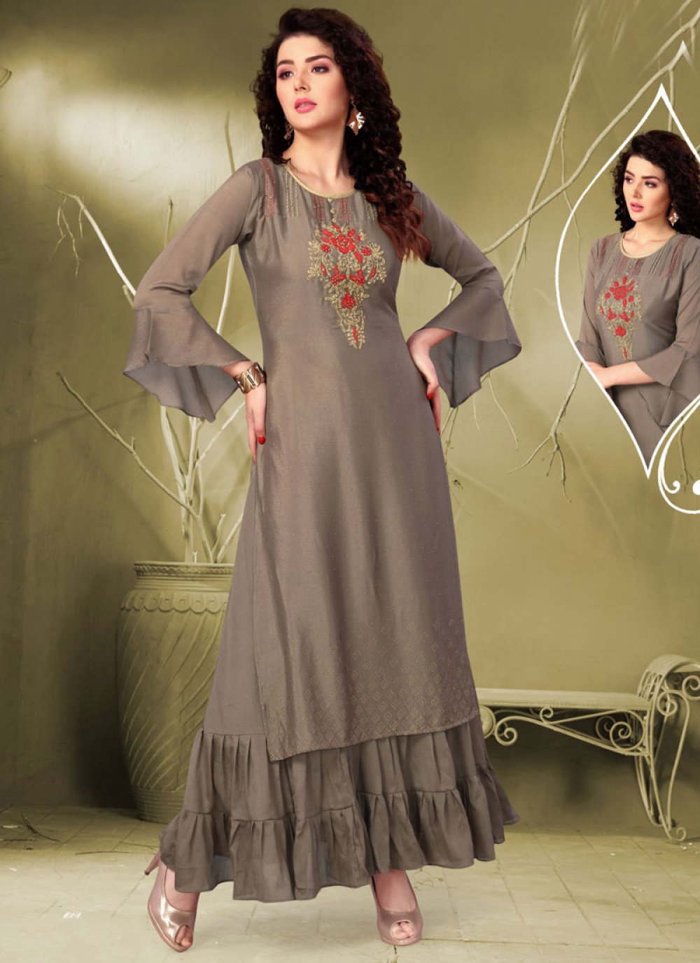 Buy Green Chiffon Casual Wear Embroidery Work Kurti With Sharara Online  From Wholesale Salwar