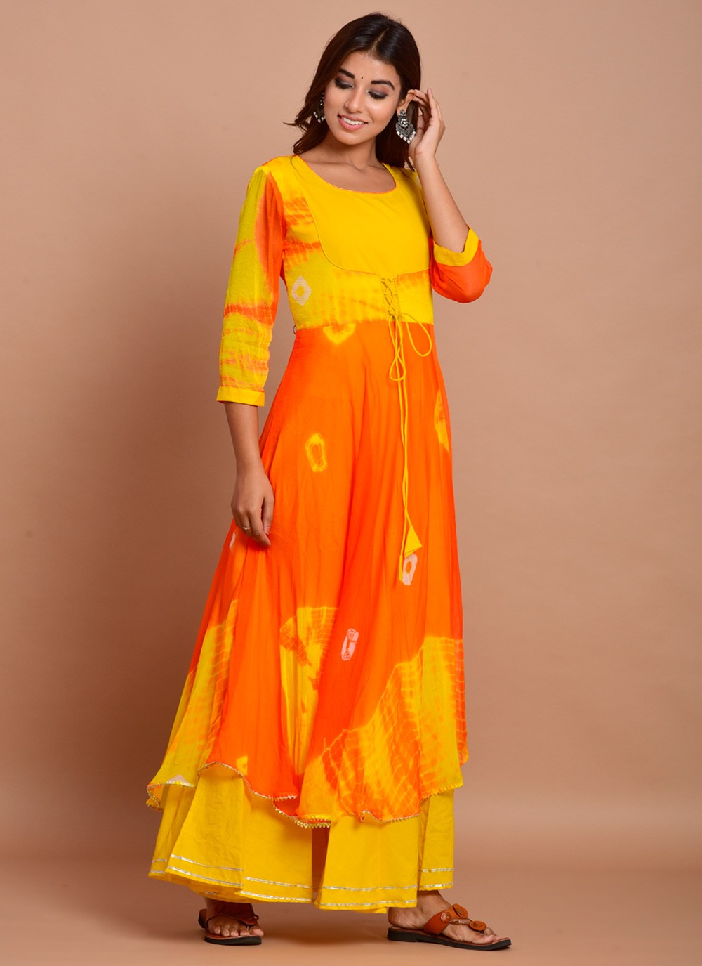 Faux Chiffon Printed Orange Designer Gown