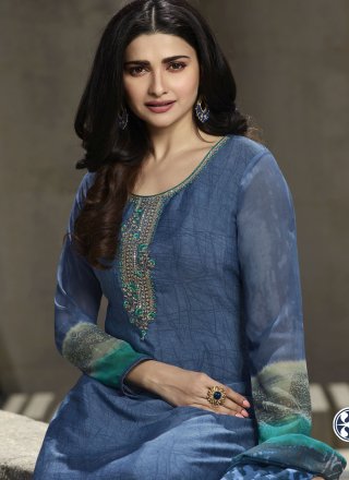 Faux Crepe Embroidered Trendy Salwar Kameez in Blue