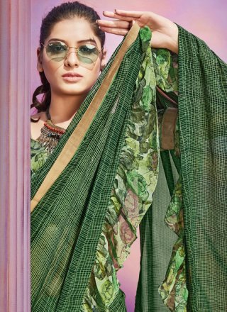 Faux Georgette Casual Saree in Green