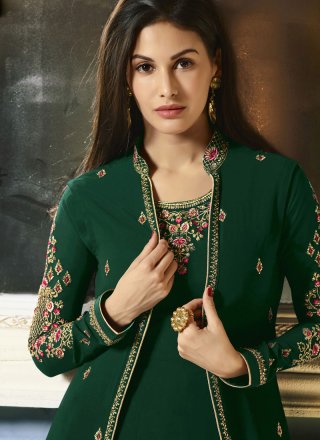 Faux Georgette Embroidered Anarkali Salwar Kameez in Green