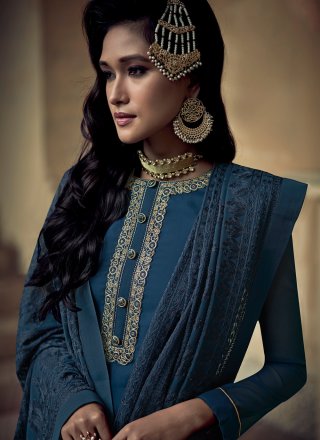 Faux Georgette Embroidered Blue Designer Palazzo Salwar Suit
