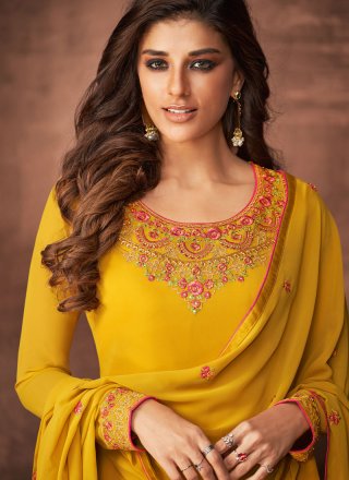 Faux Georgette Embroidered Yellow Pant Style Suit