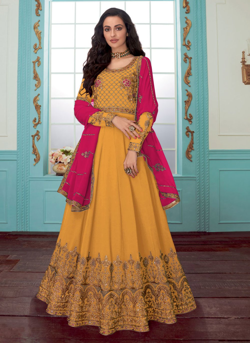 Buy Faux Georgette Embroidered Yellow Trendy Anarkali Salwar Suit ...