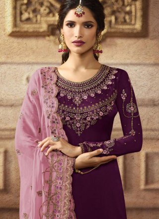 Faux Georgette Palazzo Salwar Suit in Purple