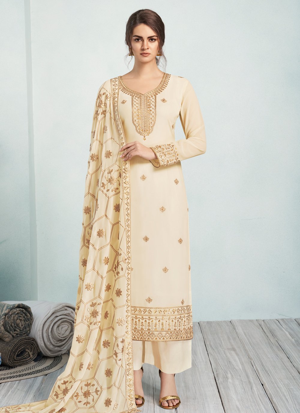Shop Online Georgette Cream Salwar Suit : 166209