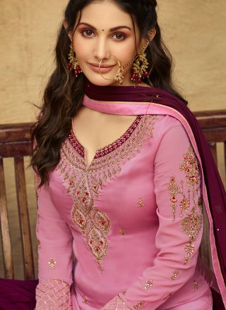 Georgette Hot Pink Resham Designer Salwar Kameez