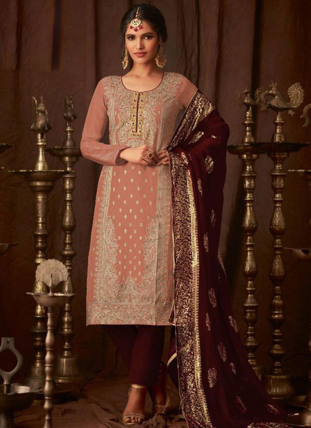 Buy Online Georgette Maroon Zari Pakistani Salwar Kameez : 143499