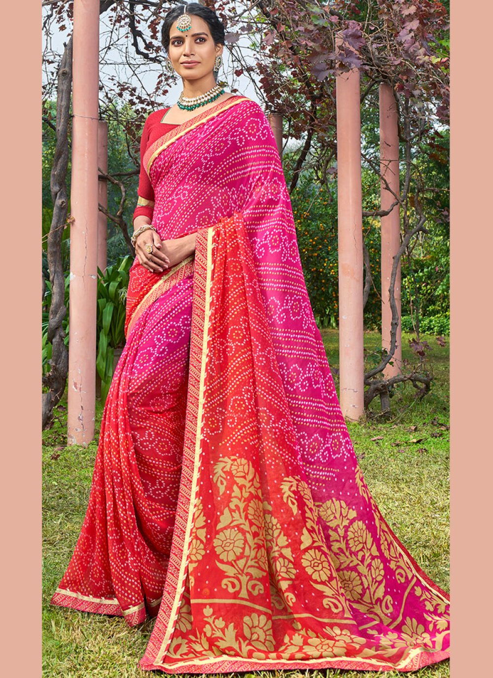 Anouk Red & Green Printed & Embroidered Pure Georgette Bandhani Saree Price  in India, Full Specifications & Offers | DTashion.com