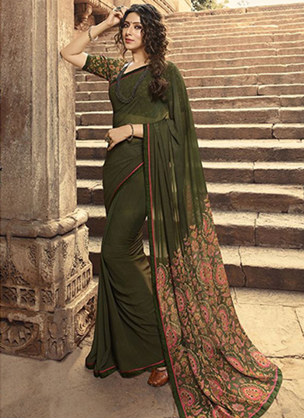 Buy Georgette Print Green Classic Saree Online : 156227