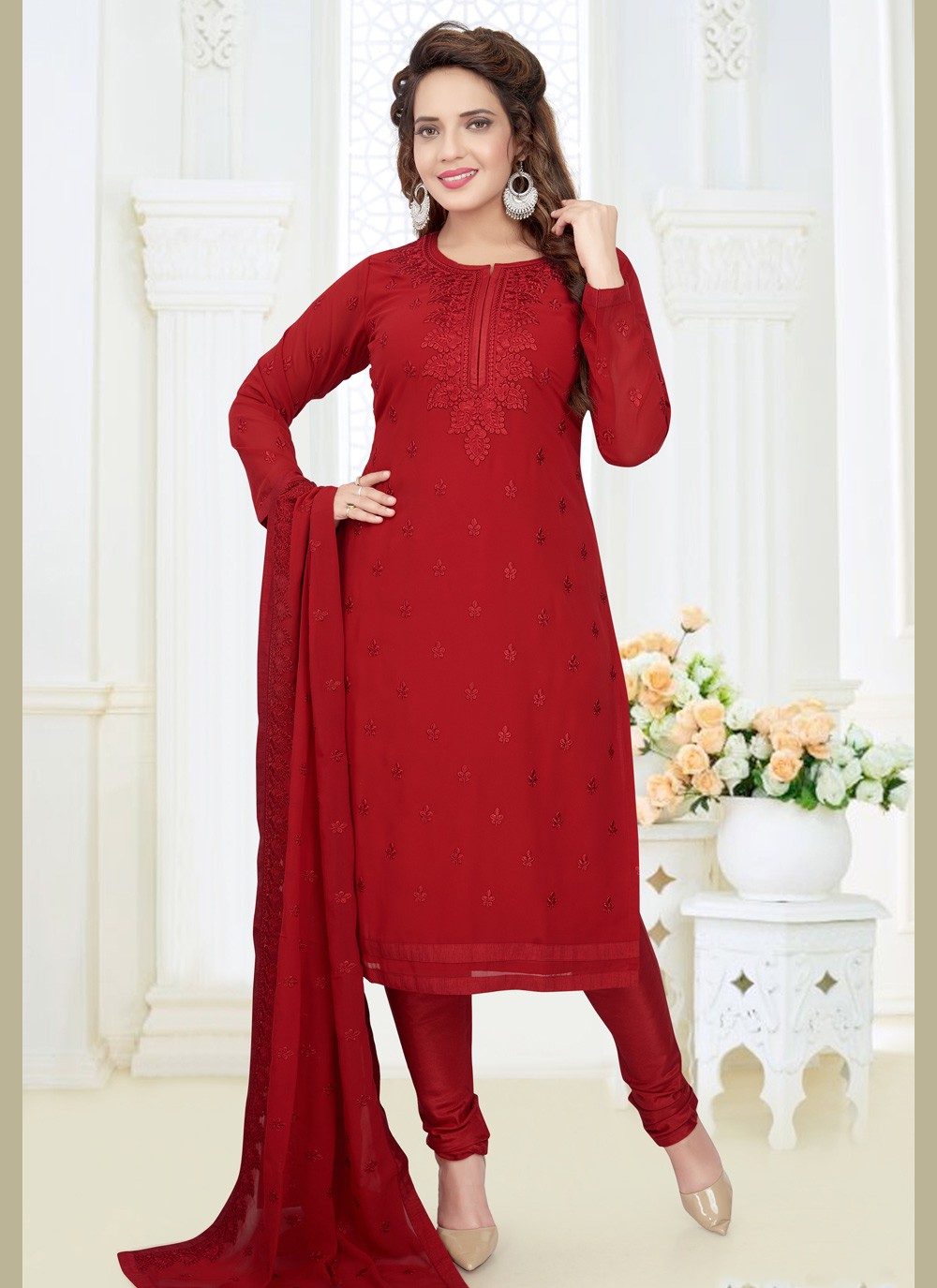 Buy Georgette Red Readymade Churidar Salwar Kameez Online